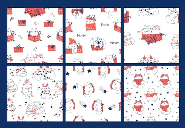 Draw seamless pattern with cute cats on white background for christmas and winter and New year Doodle cartoon style