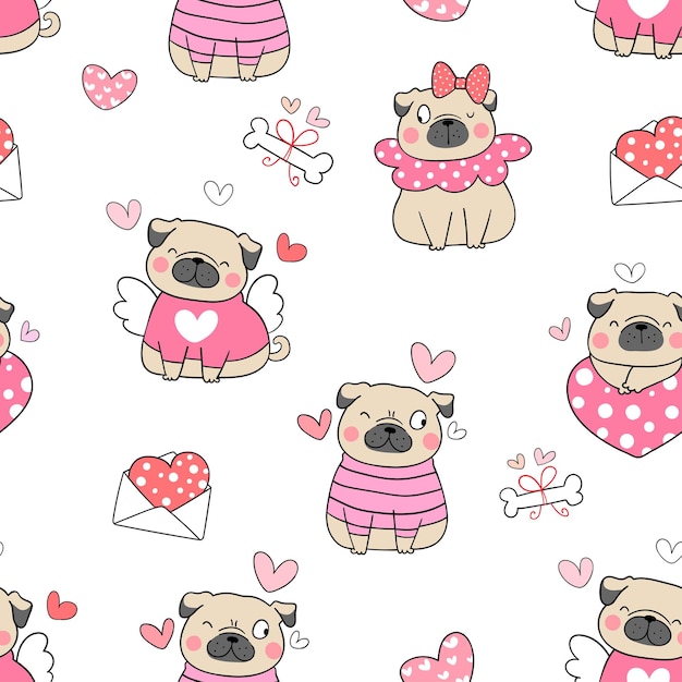 Draw seamless pug dog for Valentine day Doodle style