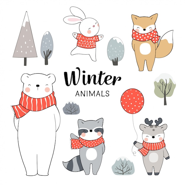 Draw set animals for winter  Christmas and New year.