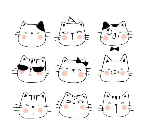 Draw set face cute cat Funny emotion.