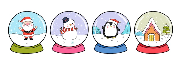 スノードームを描く かわいいペンギン 雪だるま クリスマスと冬