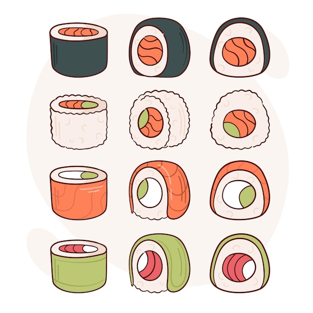 Disegna l'illustrazione vettoriale del rotolo di sushi concetto di menu di cucina tradizionale asiatica giapponese doodle stile cartone animato