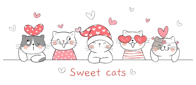 Disegna dolci gatti con cuoricino per san valentino.