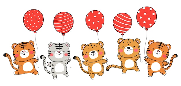 Draw tiger holding balloon for christmas and new year