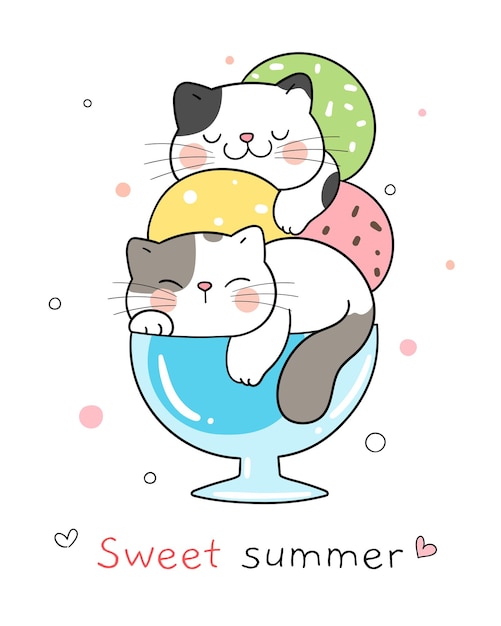 夏の甘いアイスクリームでベクトルイラストキャラクターかわいい猫を描く落書き漫画スタイル