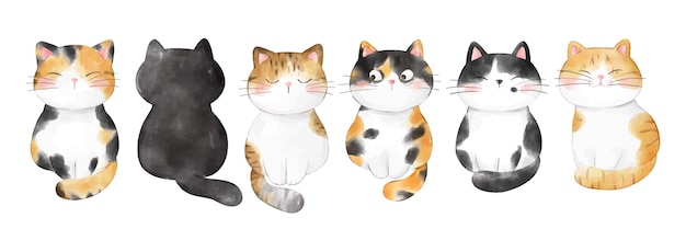 Draw vector illustration character design banner funny cat Watercolor style