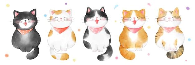 Draw vector illustration character design banner happy party cat Watercolor style