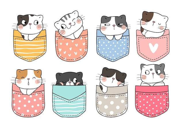 Vector draw vector illustration character design collection cute cats in pocket doodle cartoon style