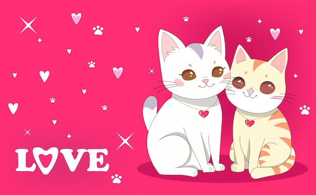 Нарисовать векторную иллюстрацию дизайна персонажей пару любви к кошкам День святого Валентина в мультяшном стиле для открытки или плаката Белые и бежевые милые кошки любви на розовом фоне