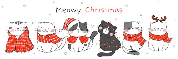 Vector draw vector illustration character design cute cat for christmas and new year doodle cartoon style