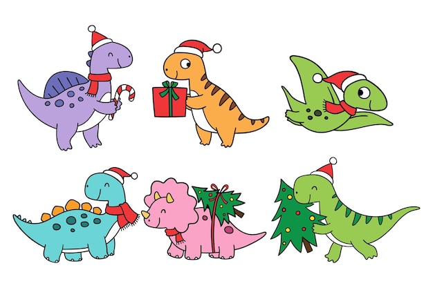 Нарисовать векторную иллюстрацию дизайн персонажей милый динозавр на рождество Файл для печати для детей sh