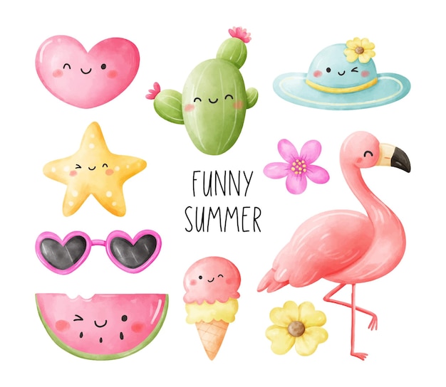 Vector draw vector illustration character design element funny summer watercolor style