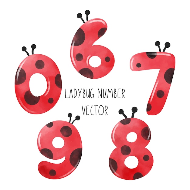 Vettore disegna la raccolta di illustrazioni vettoriali carino numero di lady bug compleanno bambini pittura ad acquerello