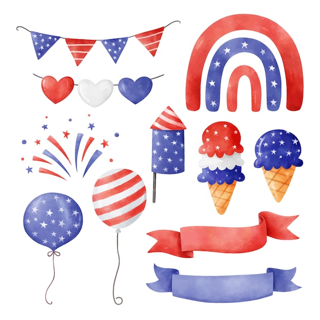 Draw vector illustration collection independence day for 4th of july concept watercolor style