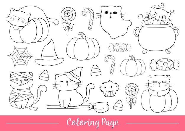 Disegnare l'illustrazione vettoriale colorare la pagina di halloween simpatici gatti doodle in stile cartone animato