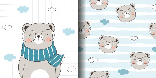 Draw vector illustration greeting card and print pattern of cute bear for fabric textiles kids