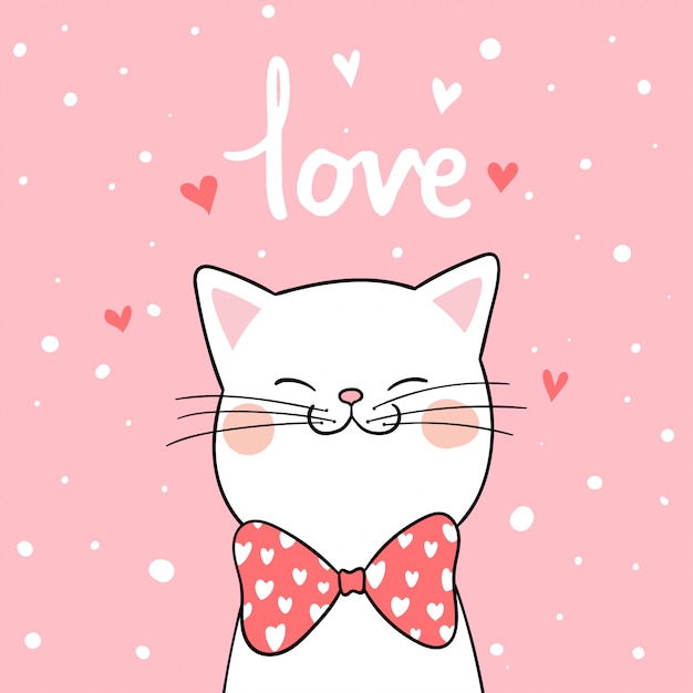 발렌타인 데이 분홍색 배경으로 흰 고양이 그리기