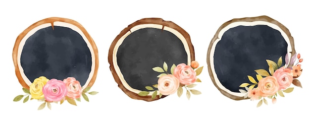 Draw wooden black chalkboard slice circle shape with floral