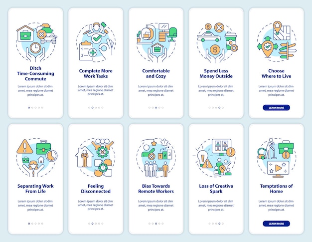 drawbacks and pros of remote working onboarding mobile app screen