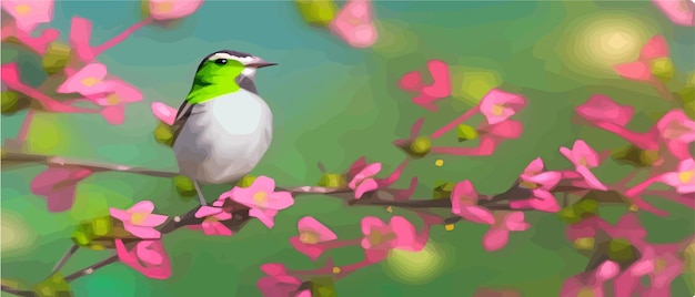벡터 꽃이 피는 나무 가지에 새를 그리는 꽃을 환영하는 아름다운 새의 빈티지 스케치
