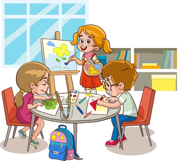 Вектор Рисование в художественном классе мальчик и девочка рисуют красками и карандашами