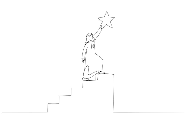Рисунок арабского бизнесмена, поднимающегося по лестнице наверх, чтобы добраться до драгоценной звездной награды