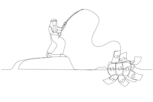 drawing of arab businessman fishing money concept of seeking profit single line art style