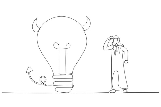 Drawing of arab businessman looking at devil lightbulb doubting it bad idea Stupid mistake or poor idea Single continuous line art style