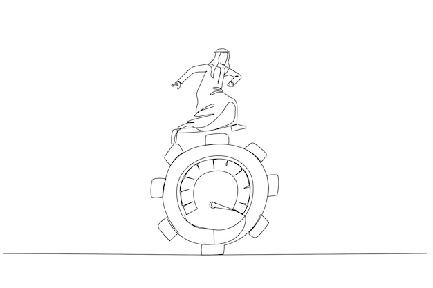 Drawing of arab man running at gear cogwheel metaphor of productivity and motivation One line style art