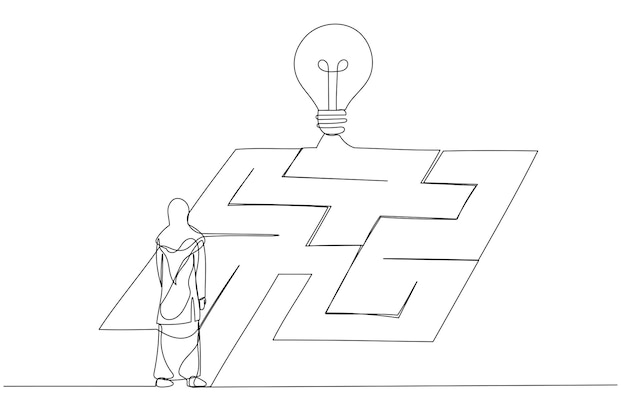 Drawing of arab muslim businesswoman open bright lightbulb idea and found money coins Single line art style