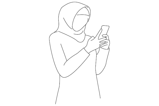 混乱し、スマートフォンを見て驚いたアジアのイスラム教徒の女性の絵