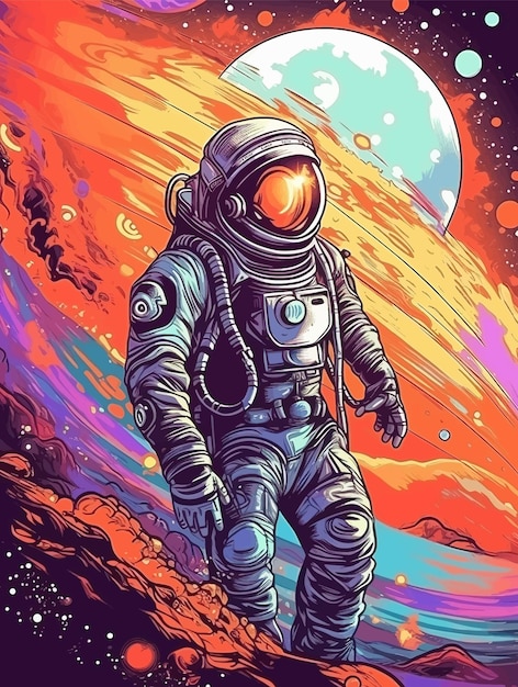 A drawing of a astronaut with a moon in the background.