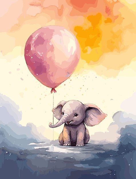 Vector a drawing of a baby elephant with a balloon