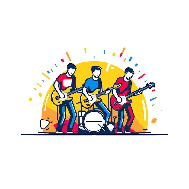 Vector a drawing of a band playing drums and a yellow background with the word 
