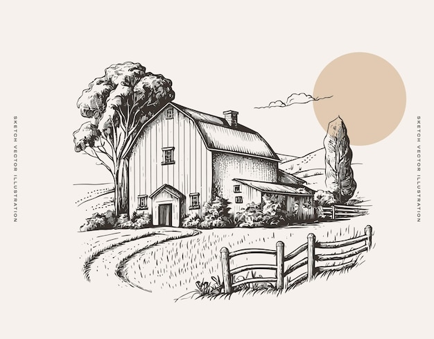 Drawing of a barn and fence