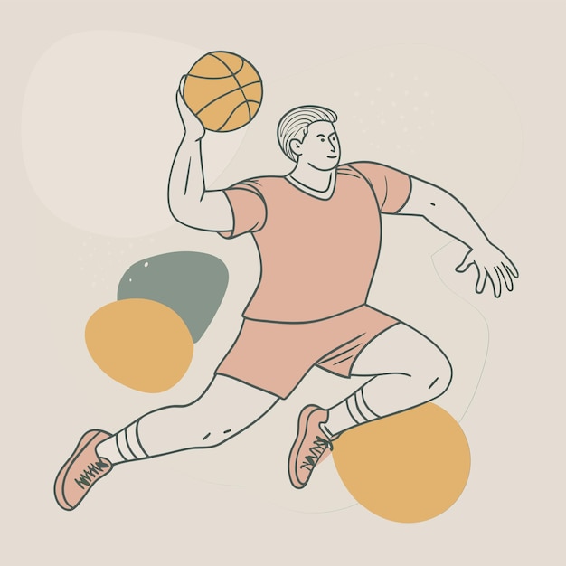 빨간 셔츠와 색과 오렌지색 쇼트를 입은 농구 선수의 그림