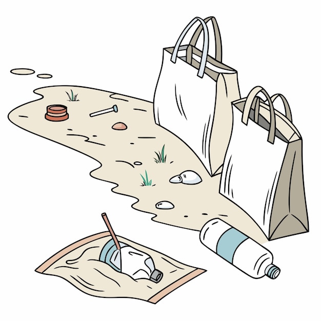 a drawing of a beach scene with a bag and a bag on the ground