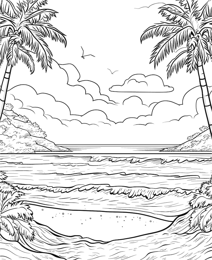 Vector a drawing of a beach scene with palm trees and the ocean in the background