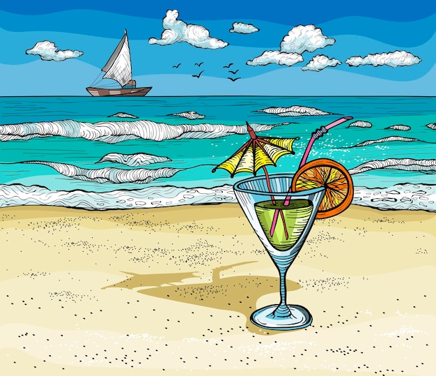 A drawing of a beach with a cocktail and a boat in the background.