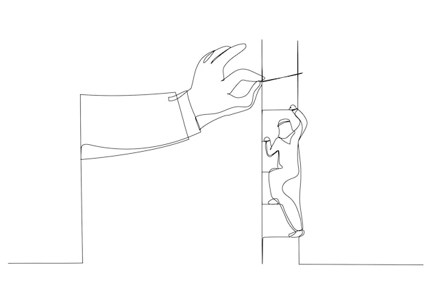 Drawing of big hand help arab businessman build ladder Single line art style