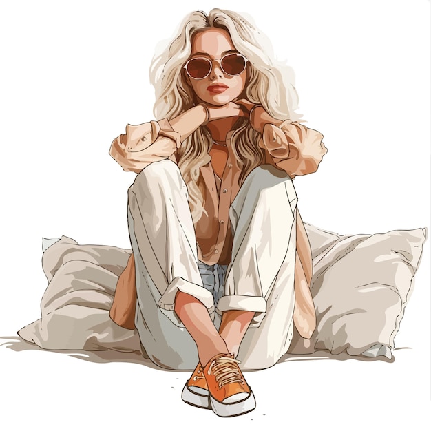 a drawing of a blonde girl with sunglasses on her head