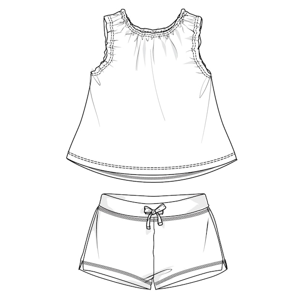 Vettore un disegno di una camicetta in cima con modello di illustrazione vettoriale di pantaloncini per bambine