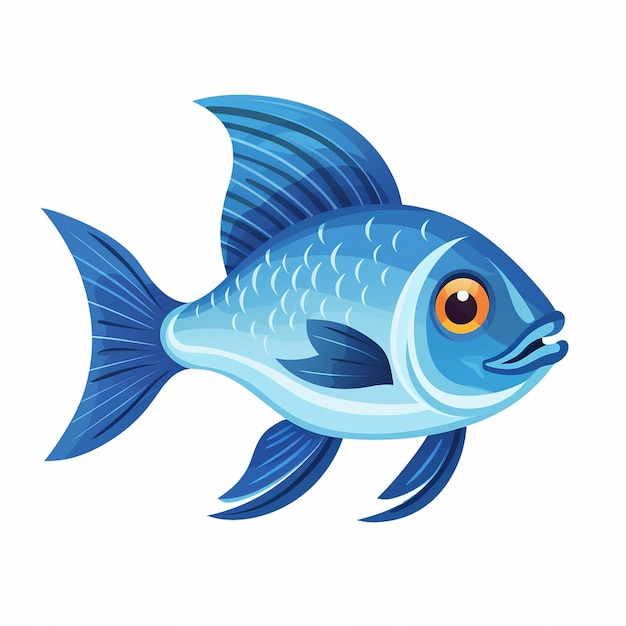 Un disegno di un pesce blu con occhi arancioni e un occhio giallo