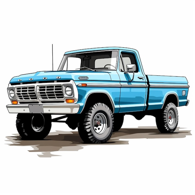 Vector a drawing of a blue ford truck with the hood up