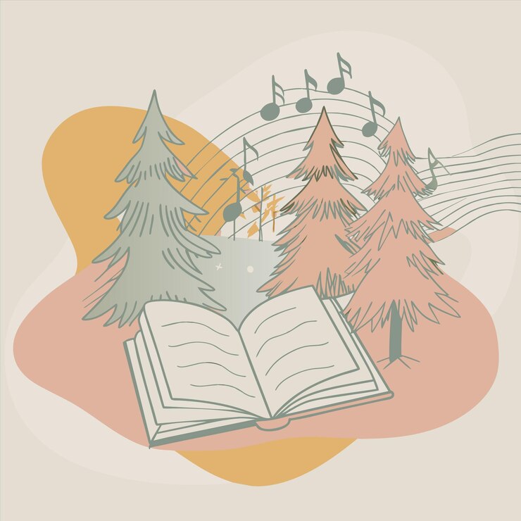 Vector a drawing of a book called pine trees with a sign that says quot christmas quot