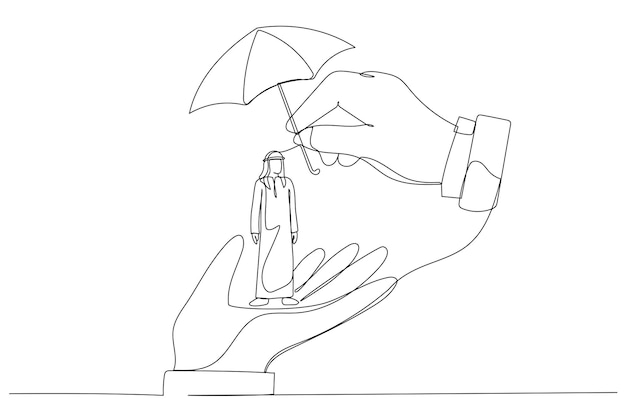 Drawing of boss hand holding tiny arab businessman workers Metaphor for employee care and protection at workplace Single line art style