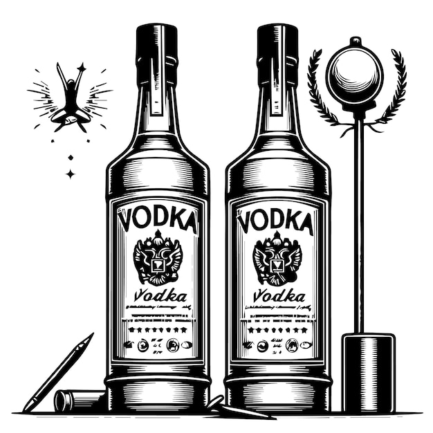 Vettore un disegno di una bottiglia di vodka con una bottiglie di vodka su di esso