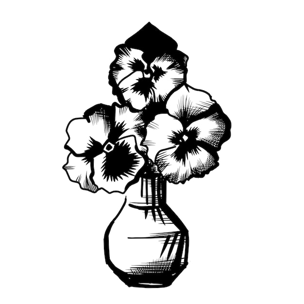 Drawing of a bouquet of flowers viola tricolor in black color doodle