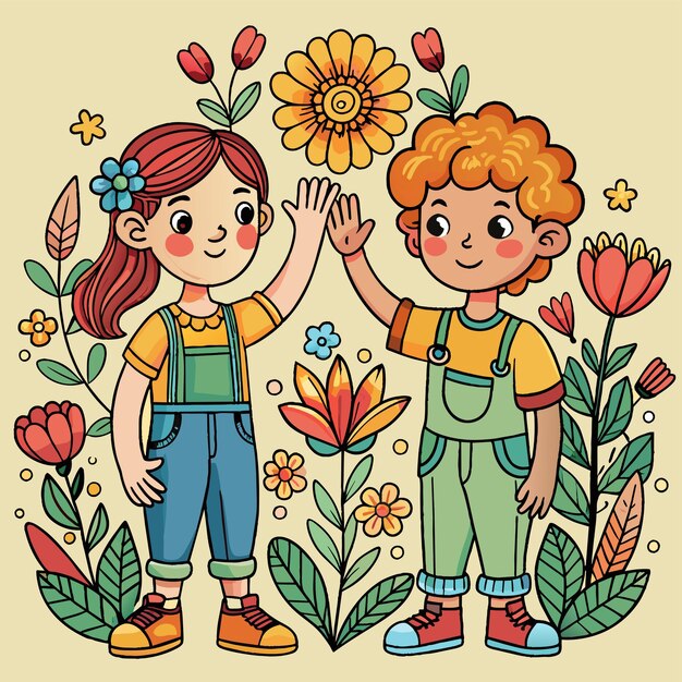 Vector a drawing of a boy and girl with curly hair holding hands with flowers and flowers