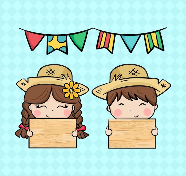 Drawing boy and girl with straw hats holding a wooden sign festa junina brazil